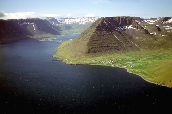 Hnífsdalur and Ísafjörður in the fjord of Skutulsfjörður